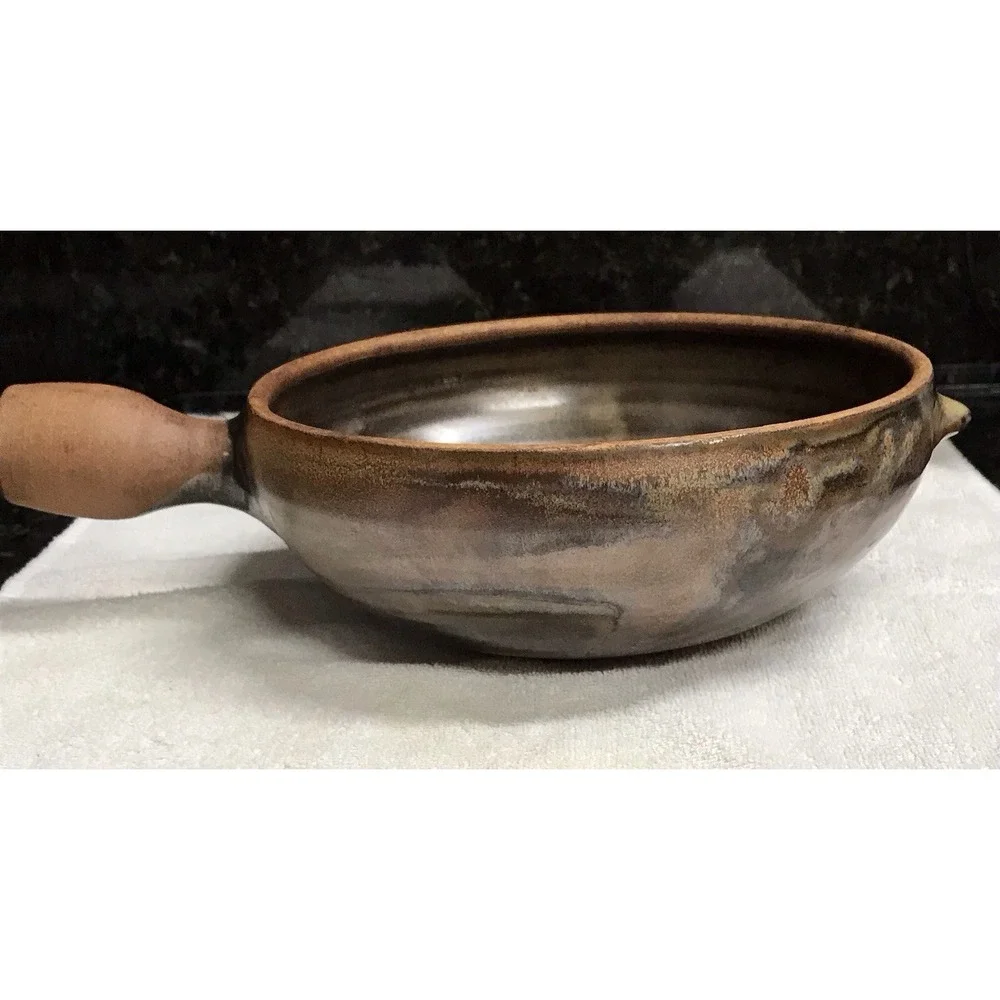 Stoneware Pottery Glazed Pot Bowl‎ with Handle Brown Tan Swirl